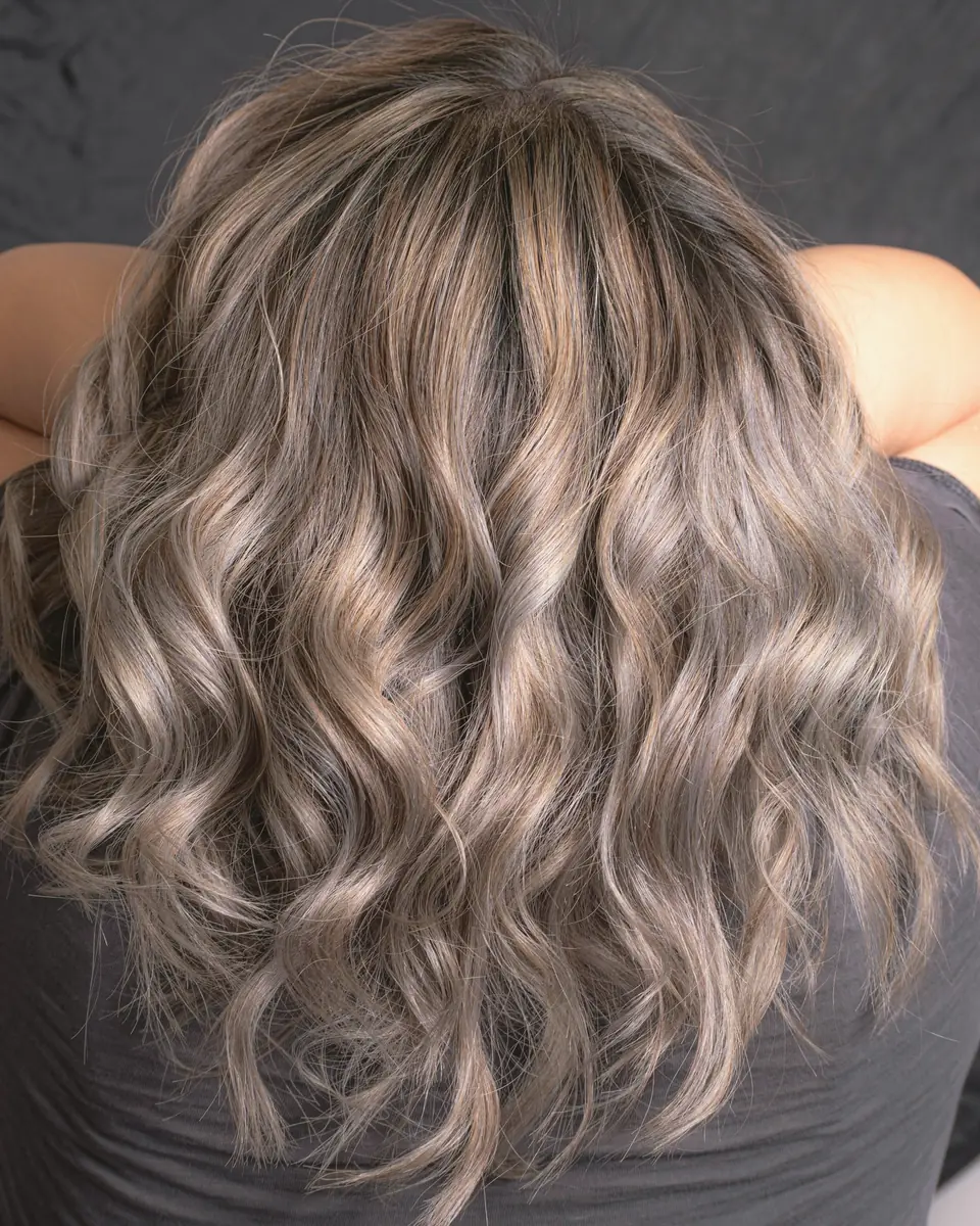 Ondas longas em tom loiro acinzentado vistas de costas