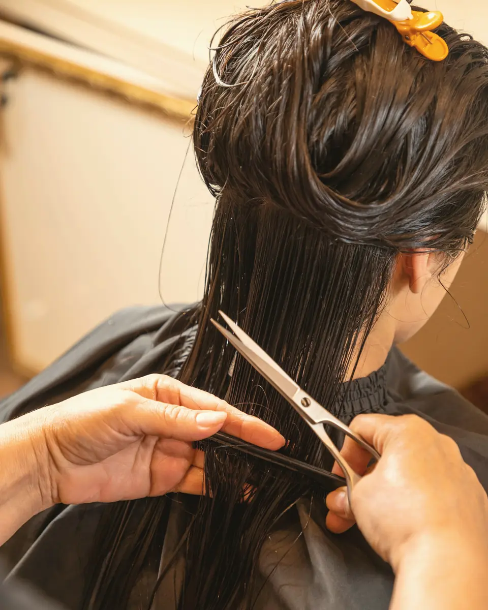 Mãos de uma profissional cortando com tesoura uma mecha de cabelo escuro e úmido